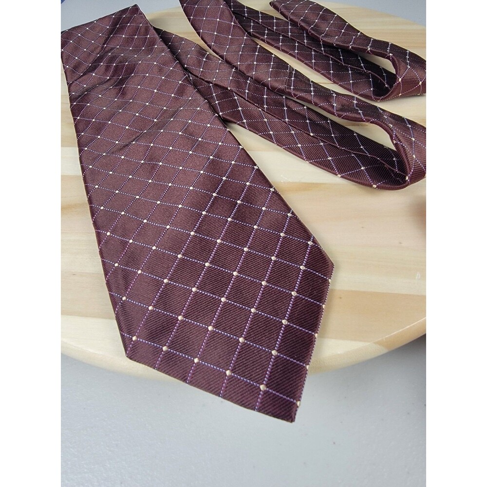 Canali Brown Plaid & Check Woven 100% Silk Pointed Tie Logo Made in Italy